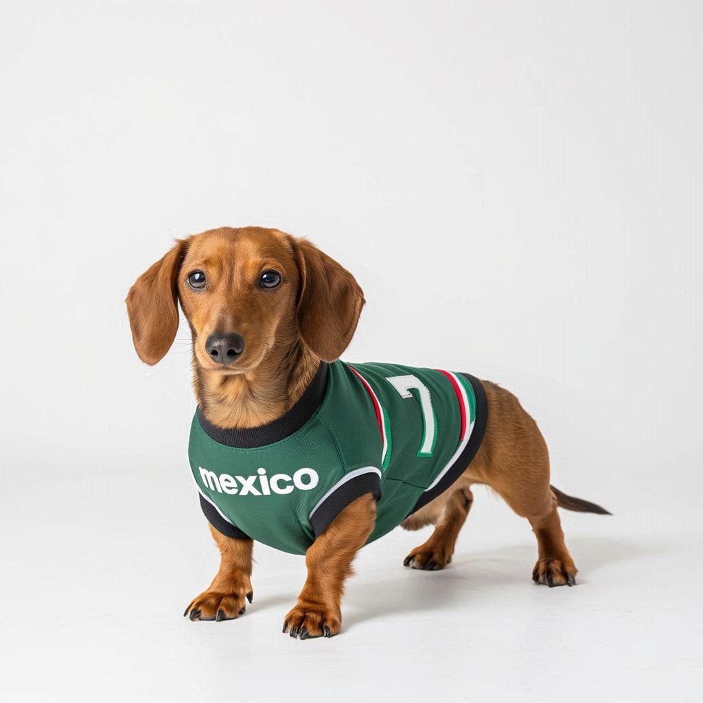 México 2026 - Dachshund wearing Mexico dog jersey with number 7
