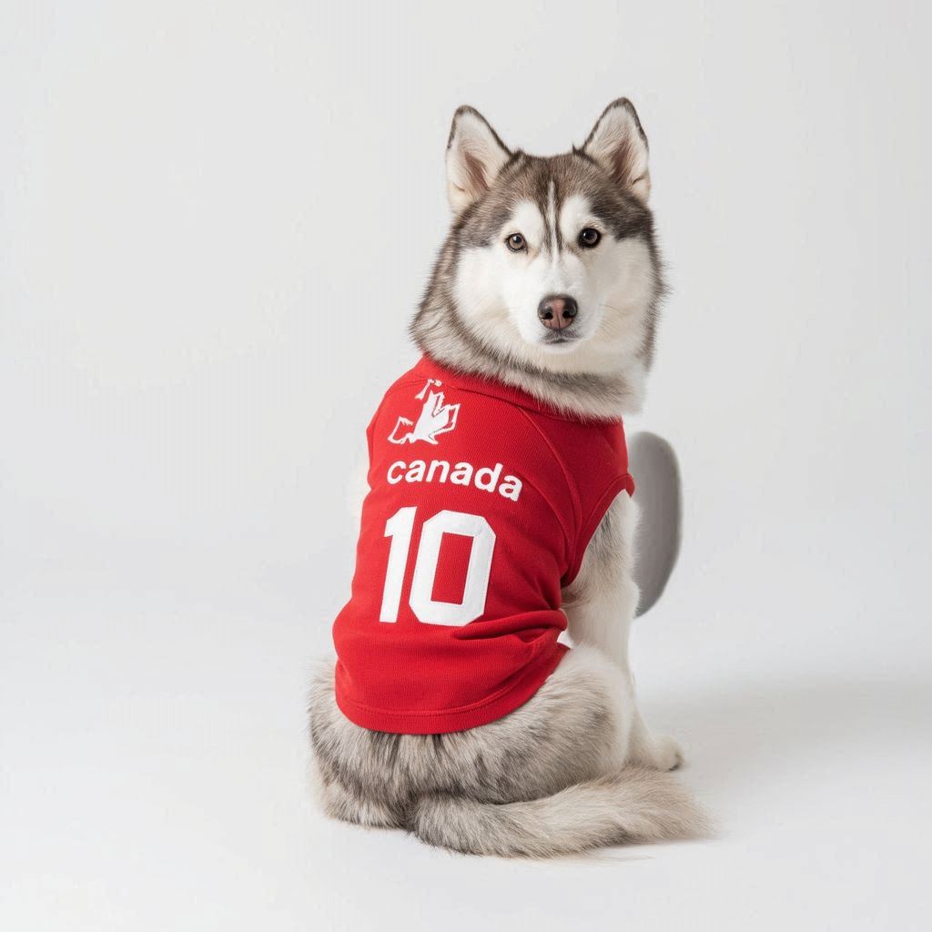 Canada 2026 - Husky wearing Canada dog jersey with maple leaf and number 10