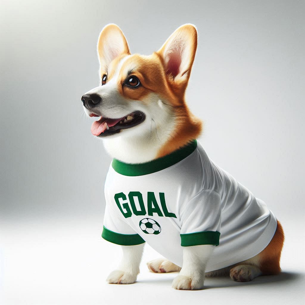 Goal Celebration Tee - Corgi wearing GOAL print dog t-shirt