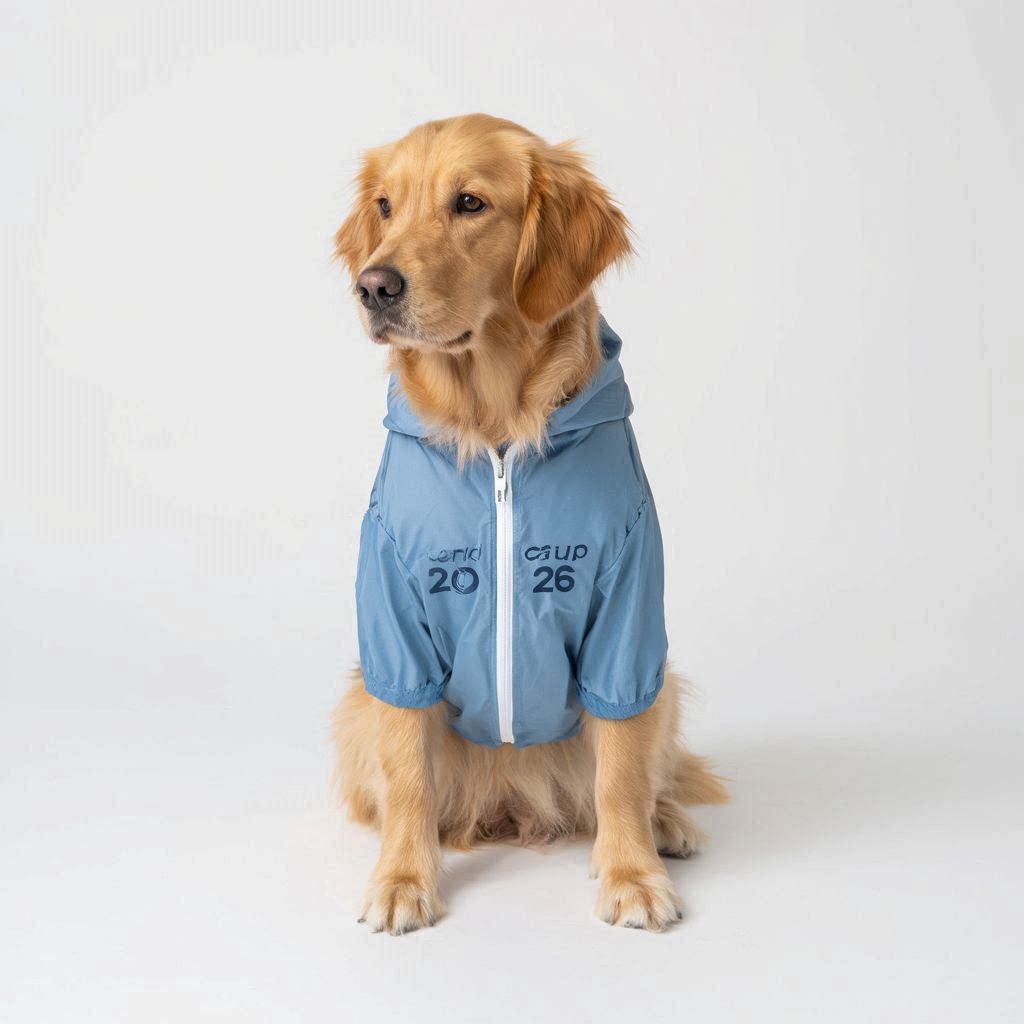 Stadium Windbreaker - Golden Retriever wearing World Cup 2026 blue windbreaker