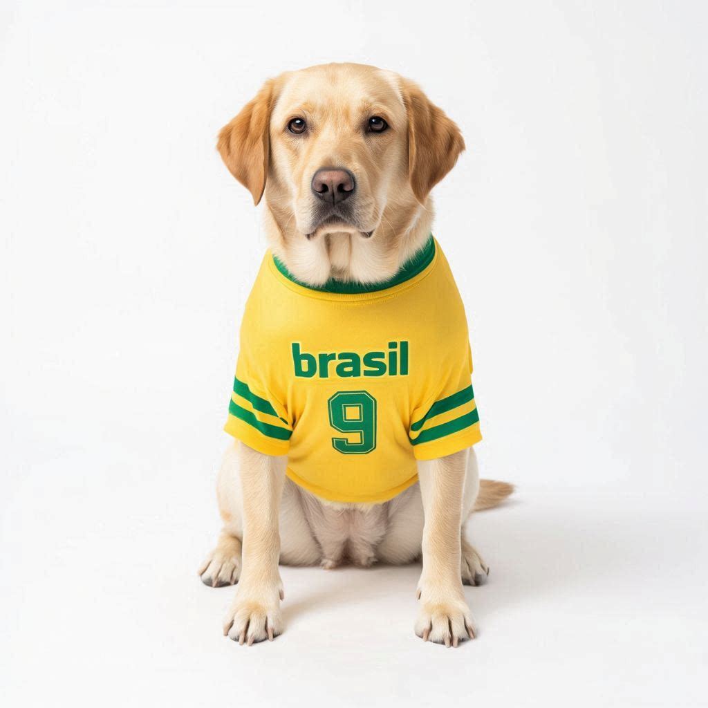 Brasil Samba - Labrador wearing Brazil dog jersey with number 9