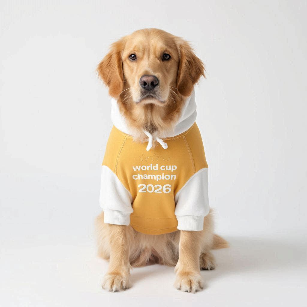 Champions Toast - Golden Retriever wearing World Cup Champion 2026 hoodie