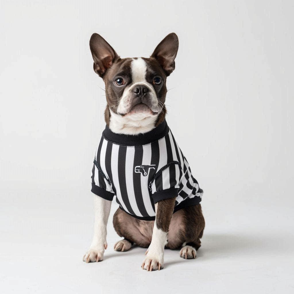 Referee Stripes - Boston Terrier wearing referee striped dog t-shirt