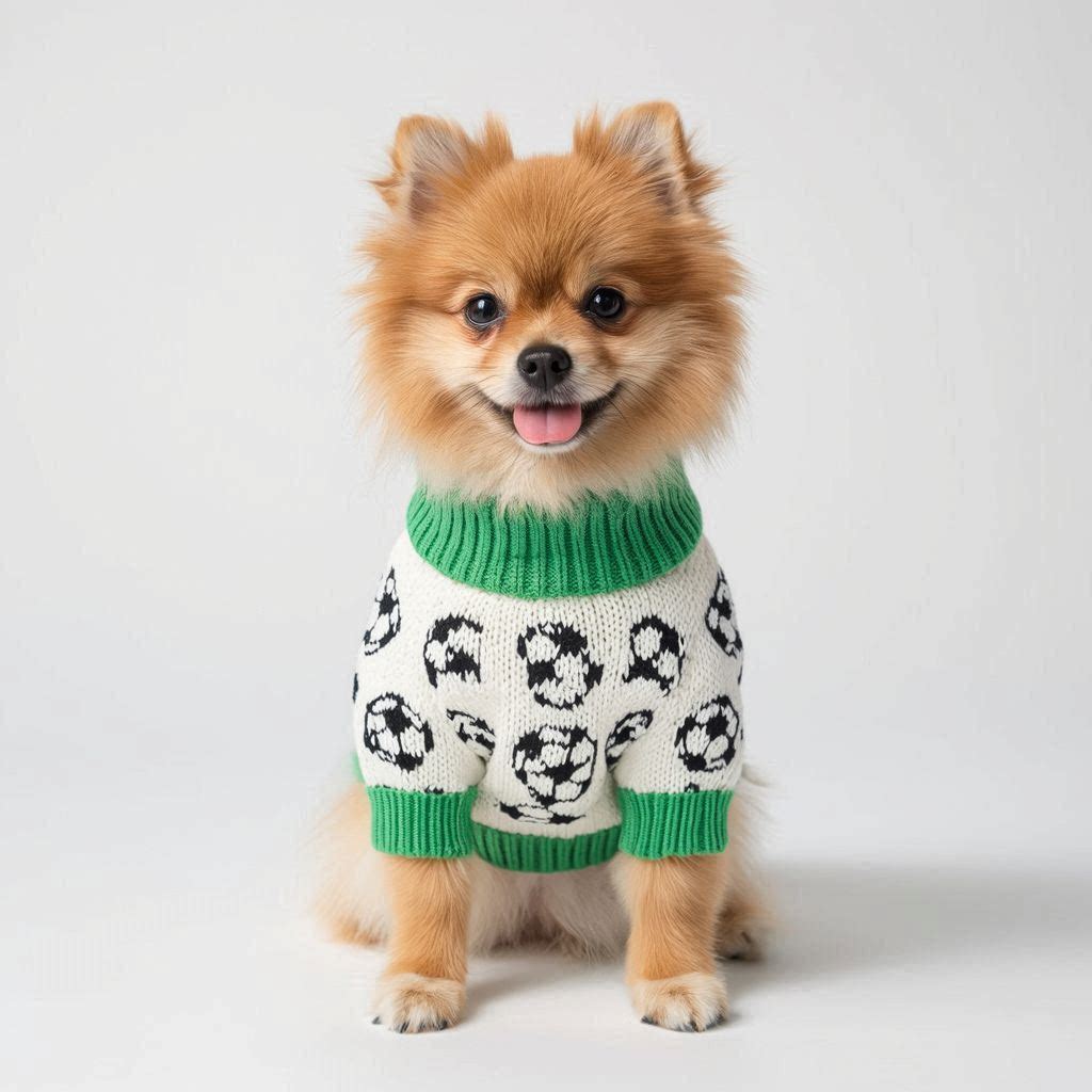 Soccer Ball Knit - Pomeranian wearing soccer ball knit sweater