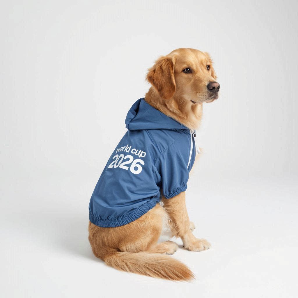 Referee Coat - Golden Retriever wearing World Cup 2026 blue jacket